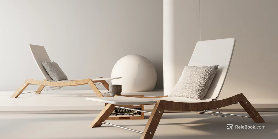 Minimalist Lounge Chair With Wooden Frame Light Pillow And Side Table Setup 3d model 