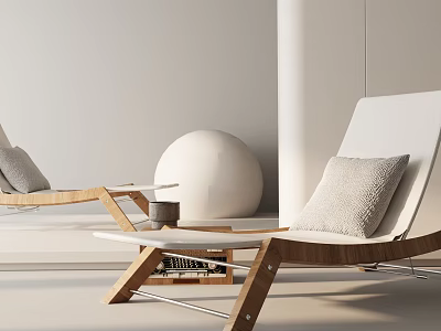 Minimalist Lounge Chair With Wooden Frame Light Pillow And Side Table Setup 3d model