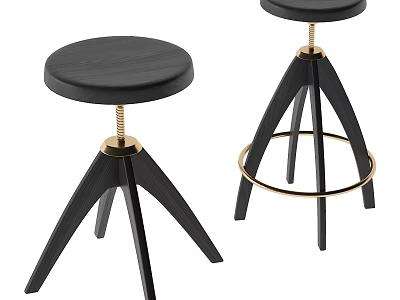Black Wooden Bar Stools With Gold Metal Accents And Round Seat Adjustable Design 3d model