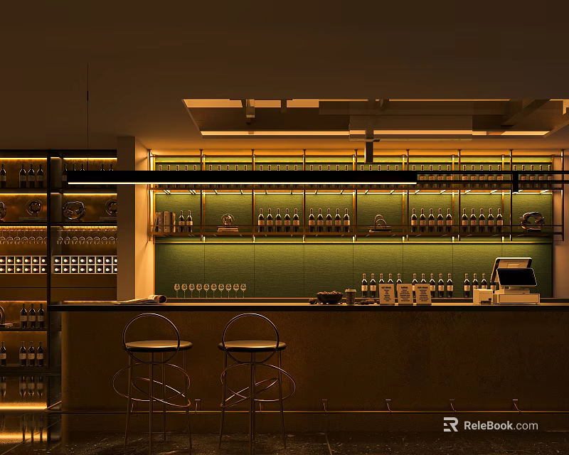 Modern Bar Interior With Bar Counter High Stools Wine Racks And Warm Lighting 3d model 