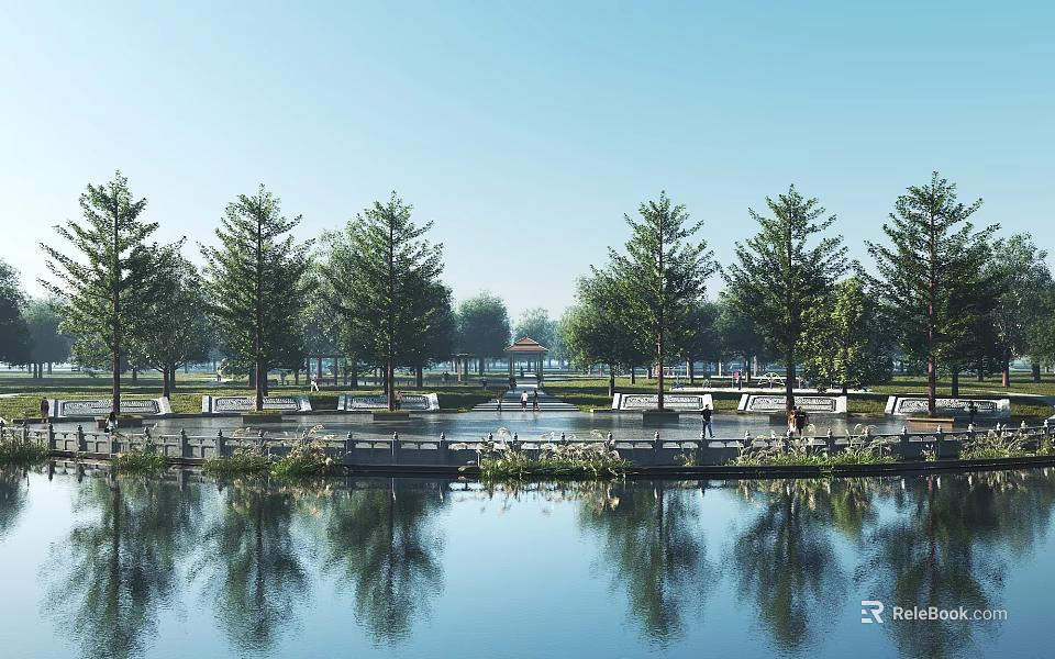 Tranquil Waterfront Landscape With Reflective Lake Green Trees And Park Benches 3d model 