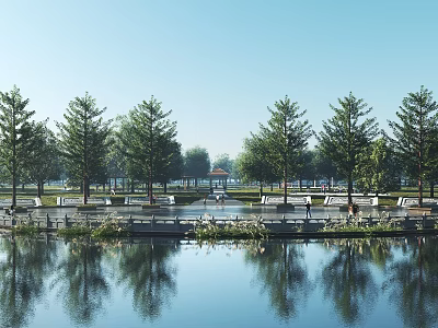 Tranquil Waterfront Landscape With Reflective Lake Green Trees And Park Benches 3d model
