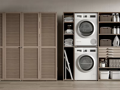 Bathroom Cabinet Rack With Brown Louvered Doors White Washer Dryer And Multi Tiered Storage Shelves 3d model