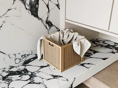 Stylish Wicker Storage Basket With Soft Towels On Marble Countertop Next To White Cabinet 3d model
