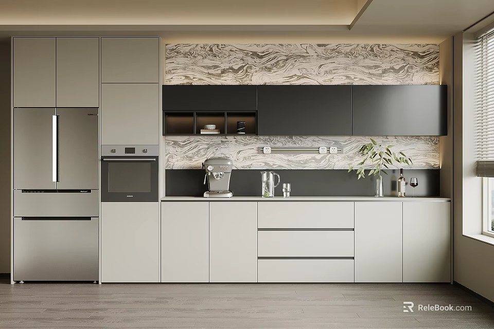 Modern Kitchen With Grey And Black Cabinets Marble Backsplash And Appliances 3d model
