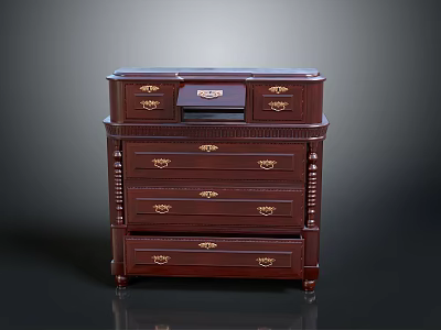 Dark Brown Wooden Chest of Drawers with Intricate Carvings and Metal Handles 3d model