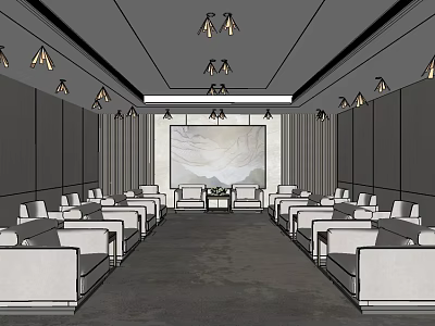 Modern Hotel Public Lounge With White Sofas Hanging Lights And Wall Art 3d model