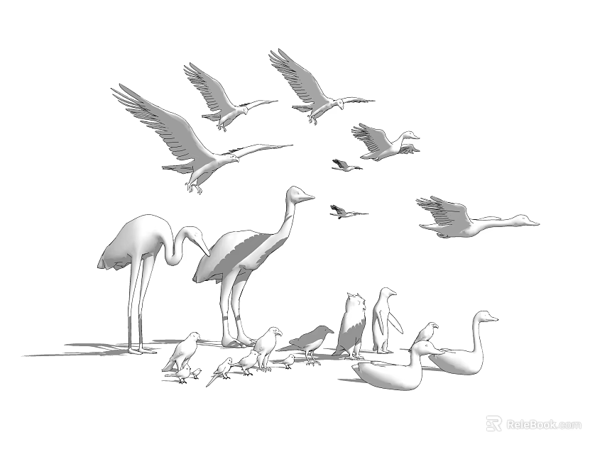 Various Flying Animals Including Flying And Standing Individuals In Natural Group Scene 3d model 