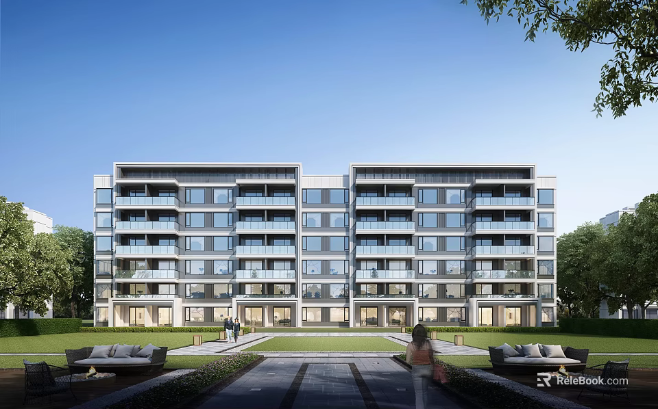 Modern Multi Story Apartment Building With Balconies Lawn Benches And Pedestrians 3d model 