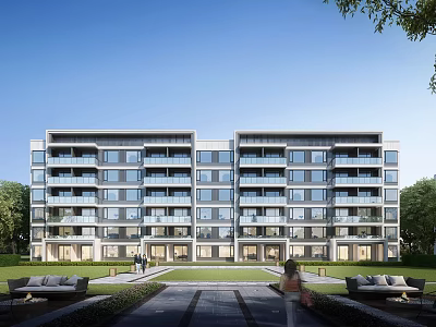 Modern Multi Story Apartment Building With Balconies Lawn Benches And Pedestrians 3d model