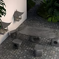 Stone Outdoor Table with Stools on Paved Ground Surrounded by Green Plants and Lanterns