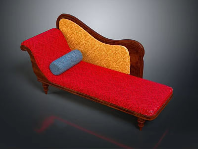Antique Chaise Lounge With Red Upholstered Seat Yellow Patterned Backrest And Blue Cylindrical Cushion 3d model