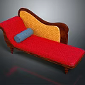 Antique Chaise Lounge With Red Upholstered Seat Yellow Patterned Backrest And Blue Cylindrical Cushion