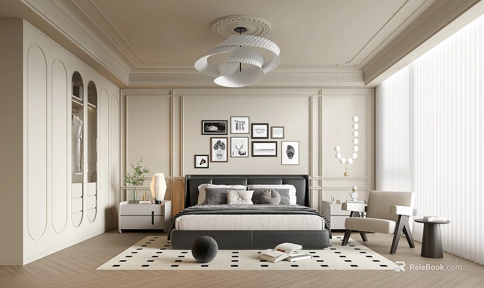 Classic Bedroom Interior With Black Bed Framed Artworks And Modern Chandelier 3d model 