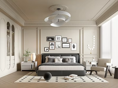 Classic Bedroom Interior With Black Bed Framed Artworks And Modern Chandelier 3d model