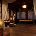 Traditional Chinese Courtyard Interior With Wooden Table Stools Lantern Green Plants And Decorative Figure