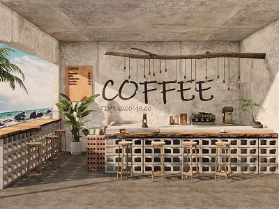 Concrete Interior Coffee Shop With Seascape Painting Palm Tree Bar Counter And High Stools 3d model