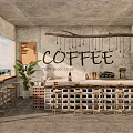 Concrete Interior Coffee Shop With Seascape Painting Palm Tree Bar Counter And High Stools