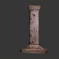 Ancient Red Stone Architectural Column With Intricate Carvings And Square Base