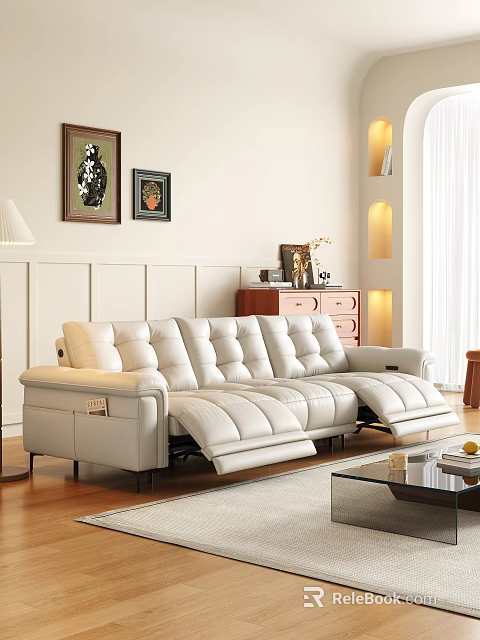 Modern Three Seater Leather Sofa With Reclining Function And Tufted Design In Elegant Living Room 3d model 