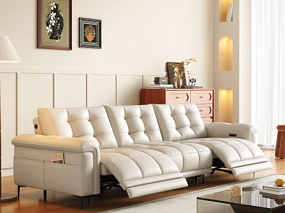 Modern Three Seater Leather Sofa With Reclining Function And Tufted Design In Elegant Living Room 3d model