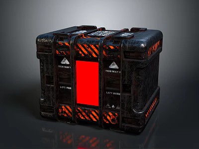 Industrial Storage Crate With Red Panel Black Exterior Orange Warning Stripes And Lift Here Labels 3d model