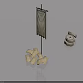 Swing Door in Scene with Vertical Billboard Pile of Bags and Clay Pot