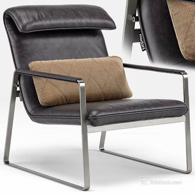 Black Leather Leisure Chair With Silver Metal Frame And Brown Diamond Pattern Cushion 3d model 
