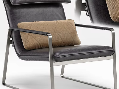 Black Leather Leisure Chair With Silver Metal Frame And Brown Diamond Pattern Cushion 3d model