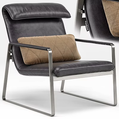 Black Leather Leisure Chair With Silver Metal Frame And Brown Diamond Pattern Cushion 3d model