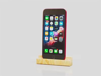 Red Mobile Phone Placed on Wooden Stand with Screen Showing Multiple App Icons 3d model