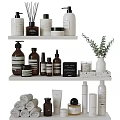 Stylish Bathroom Accessories With Bottles Jars Candles Towels And Plants On Shelves