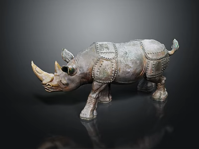Bronze Rhinoceros Statue with Intricate Metal Plates on Black Reflective Surface 3d model