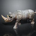 Bronze Rhinoceros Statue with Intricate Metal Plates on Black Reflective Surface