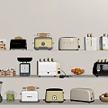 Stylish Kitchen Appliances Toasters and Kitchen Scale on Shelves with Fruits Glass Jar Packaged Items