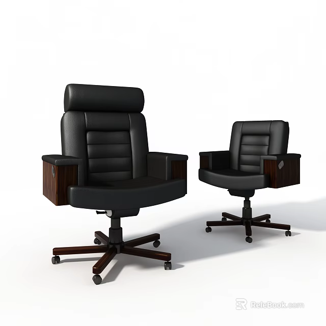 Black Leather Office Chairs With Wooden Armrests Swivel Base And Modern Design 3d model 