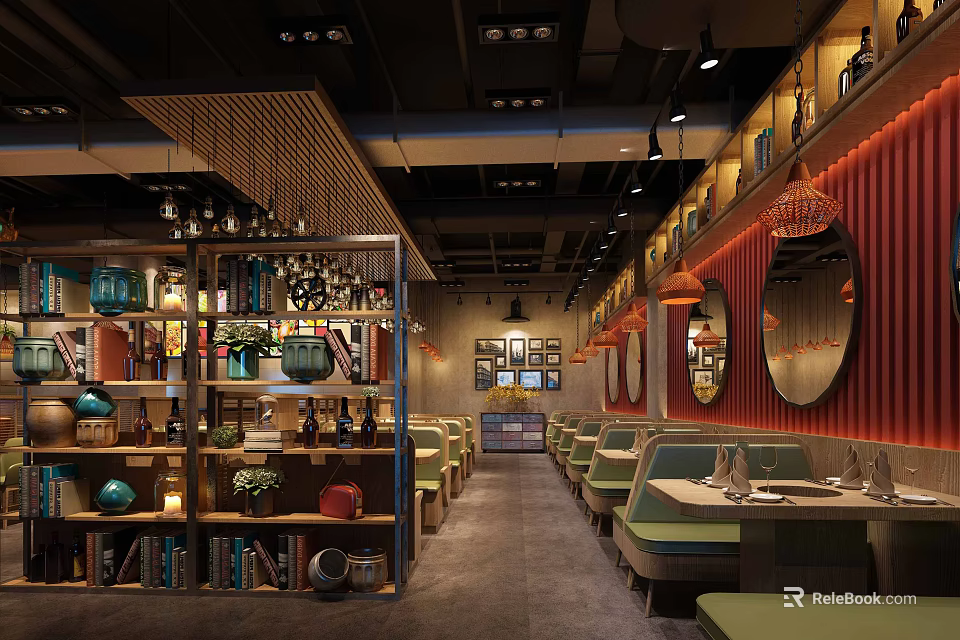 Modern Hot Pot Restaurant Interior With Wooden Decor Green Seats Hanging Lights And Dining Tables 3d model 