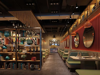 Modern Hot Pot Restaurant Interior With Wooden Decor Green Seats Hanging Lights And Dining Tables 3d model
