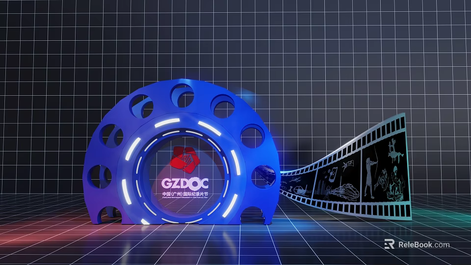 GZDOC Blue Circular Photo Spot With Red Logo And Film Strip Grid Background 3d model 