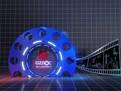 GZDOC Blue Circular Photo Spot With Red Logo And Film Strip Grid Background 3d model