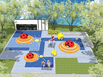 Outdoor Playground Space Featuring Ladybug Shaped Play Equipment Blue Floor Trees And Children Playing 3d model