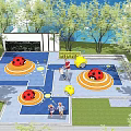 Outdoor Playground Space Featuring Ladybug Shaped Play Equipment Blue Floor Trees And Children Playing