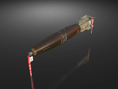 Military Bomb With Metallic Tail Fins Brown Casing Red Labels Text Markings and Structural Details 3d model