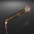 Military Bomb With Metallic Tail Fins Brown Casing Red Labels Text Markings and Structural Details