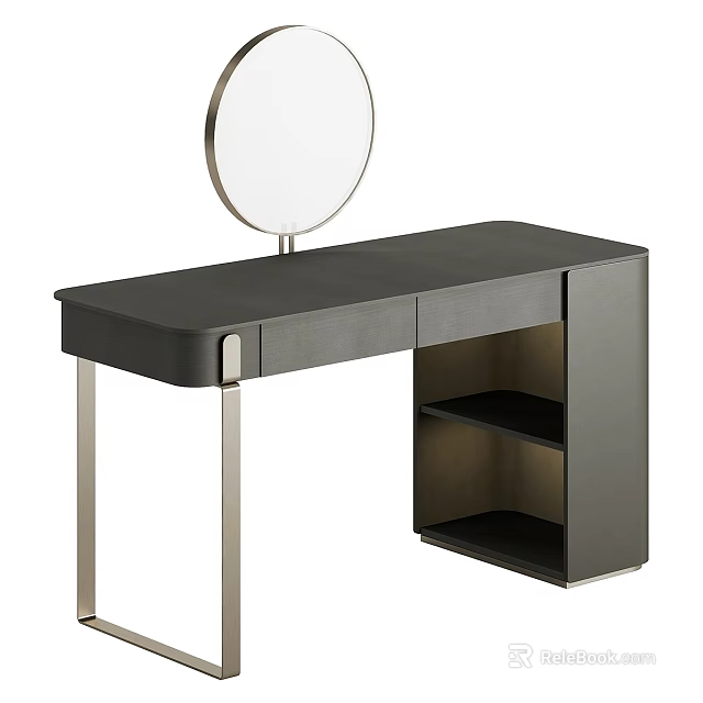Modern Dressing Table With Round Mirror Storage Drawers And Metal Legs 3d model 