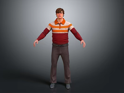 Man Standing In Red And White Striped Shirt With Brown Pants And Arms Outstretched 3d model