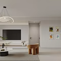 Modern Living and Dining Room Interior With Sofa Dining Table Pendant Lights and Artwork
