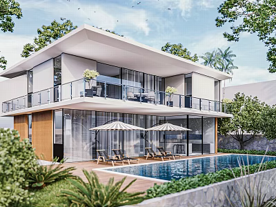 Modern Detached Villa with Swimming Pool Surrounded by Greenery Terrace with Umbrellas and Loungers 3d model
