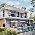 Modern Detached Villa with Swimming Pool Surrounded by Greenery Terrace with Umbrellas and Loungers