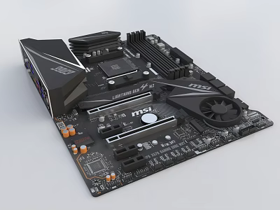 High Performance Computer Motherboard With Heat Sinks Fan And Expansion Slots 3d model